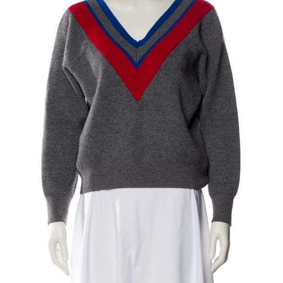 Sandro Sweaters - Sandro Gray V-Neck Sweater with Red and Blue Accents